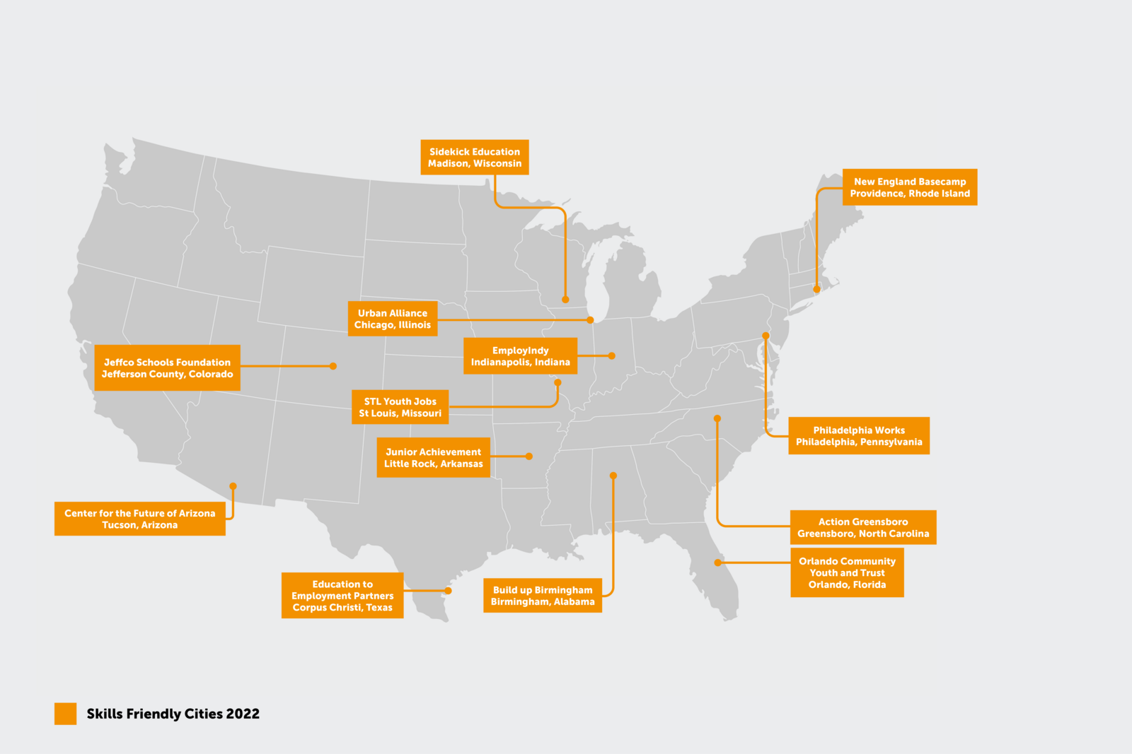 Locations & name map of 2022 winners & finalists of the Skills Friendly Cities Big Ideas, Bright Cities challenge.