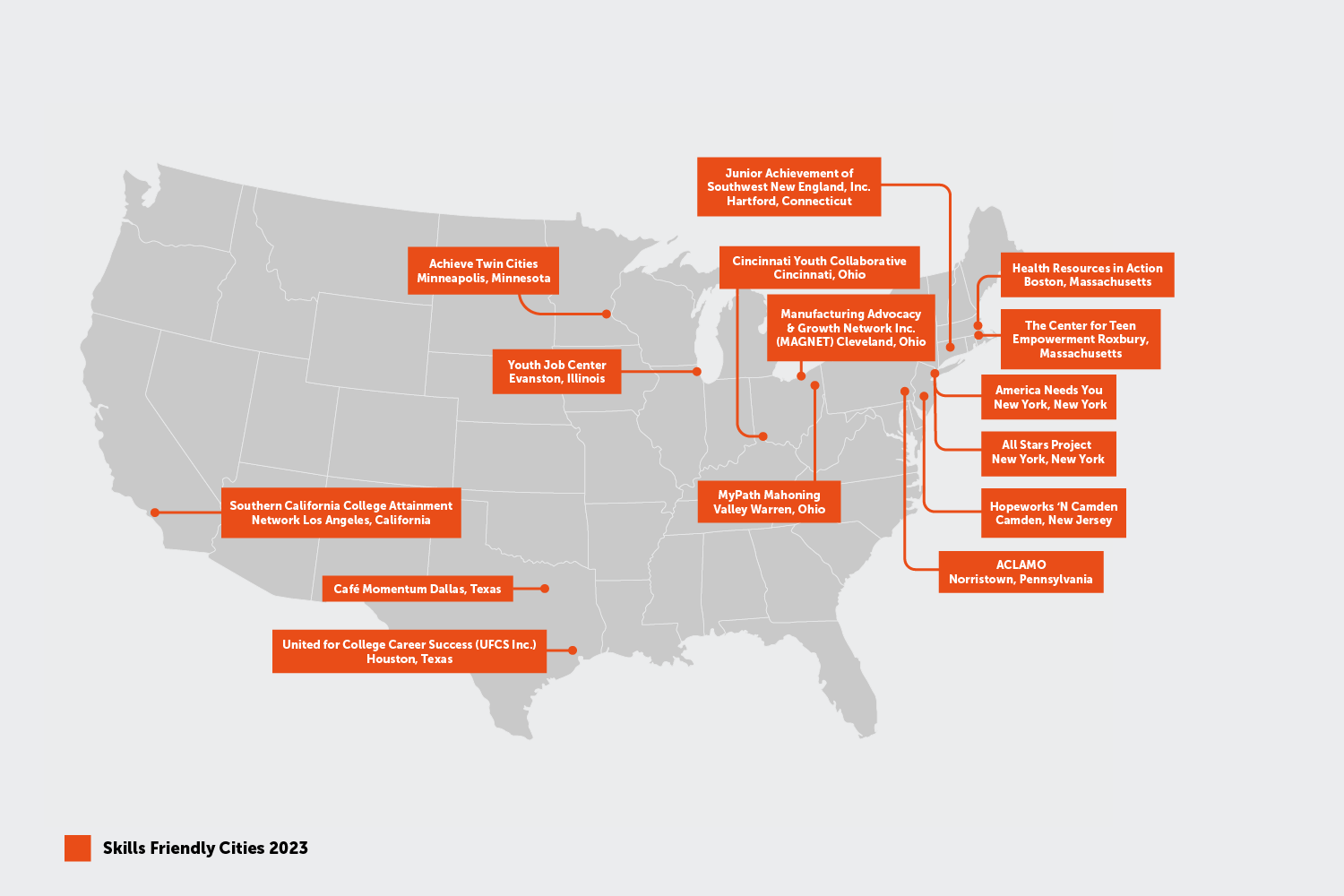 Locations & name map of 2023 winners & finalists of the Skills Friendly Cities Big Ideas, Bright Cities challenge.